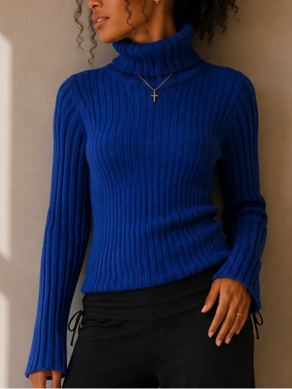 Y2K UB Jeans Blue Flare Sleeve Turtleneck Sweater